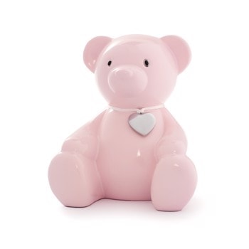 Lyserød sparebøsse bamse m/ graveringsplade, fra Noa Kids