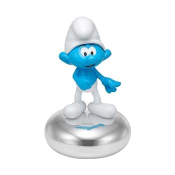 Smølf-figur med blå krop og hvide klæder, stående på reflekterende sparebøsse-base.