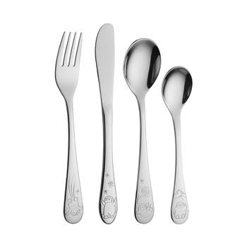 Rustfrit stål bestik med pingvinmotiver: gaffel, kniv, spiseske, teske, blank og reflekterende.