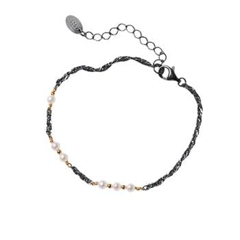 Armbånd & halskæde i sterlingsølv oxyderet/forgyldt med ferskvandsperler 42+8cm, fra San - Links of Joy