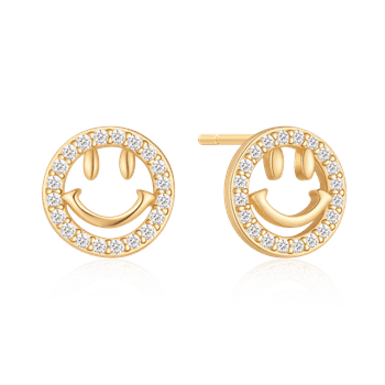 Sølvforgyldt ørestikker med smiley-ansigt, små sten langs kanten og guldfarvet base.