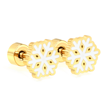 Forgyldte ørestikker med hvidt snefnugdesign og postlukning, 6,2 x 7 mm, elegant og detaljeret.