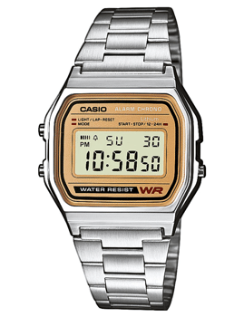 Casio digitalur med rektangulær guldramme, metalrem, viser tid, dato, ugedag og "Water Resist".