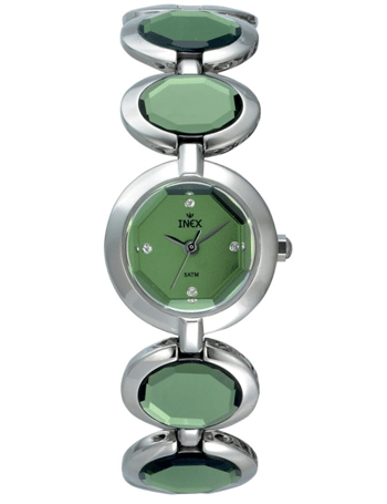 A58779S12, INEX DAMEUR - STÅL MED LÆNKE + GRØN Quartz Dame m/lænke