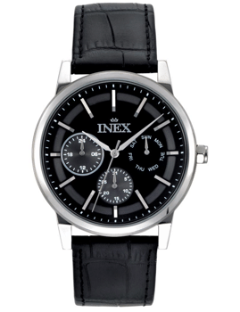 A58970S5I, INEX HERREUR-STÅL MED SORT REM + DATO Quartz Herre m/rem