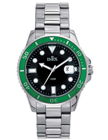 A69490-1S5P, INEX HERREUR - STÅL - GRØN RING + 10 ATM Quartz Herre m/lænke