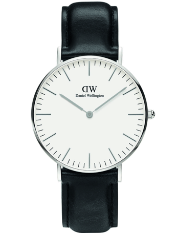 Elegant ur med hvid skive, sorte visere og sort læderrem. Minimalistisk design, 36 mm stål.