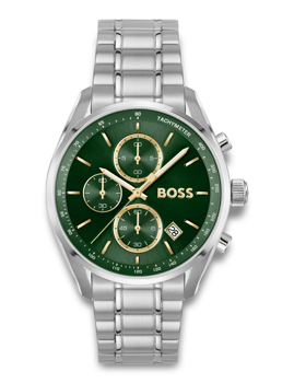 Stilfuldt herreur med grøn urskive, BOSS logo, tachymeter og metallenke.
