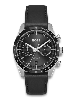 Sort urskive med tre subdials, tachymeter-skala, dual tidszone, vandtæthed 5 bar, sort læderrem.