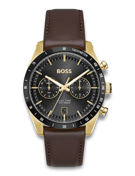 Elegant herreur med brun rem, gylden urkasse, sort skive, gyldne visere, dual time og tachymeter.
