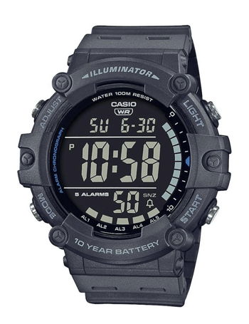 Casio ur med digitalt display, 5 alarmer, 10-års batteri, vandtæt til 100m, viser tid, dag, dato.