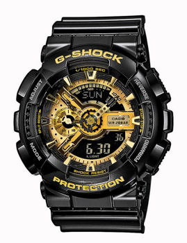Sort Casio G-Shock ur med guld accenter, analog og digital display, "G-SHOCK" og "PROTECTION".