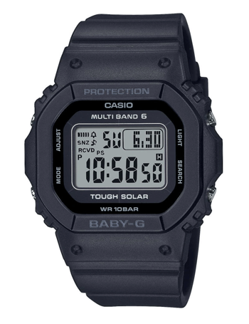 Casio Baby-G ur med rektangulær digital skærm, Multi Band 6, Tough Solar og vandtæthed på 10 bar.