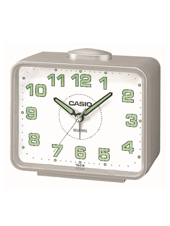Casio vækkeur TQ-218-8EF, hvid urskive, grønne tal og visere, topknap, Quartz mekanisme.