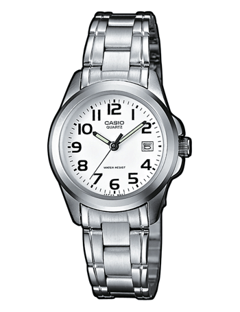 Casio dameur med sølvfarvet lænke, hvid urskive, sorte tal og datovisning ved klokken tre.