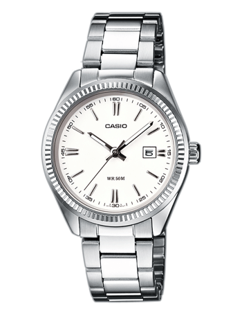 Casio dameur med metalrem, klassisk urskive, stregmarkeringer, datovisning og vandtæthed 50M.