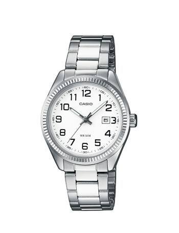 Casio ur med metalrem, hvid urskive, sorte tal og datovisning kl. 3. Tre visere.
