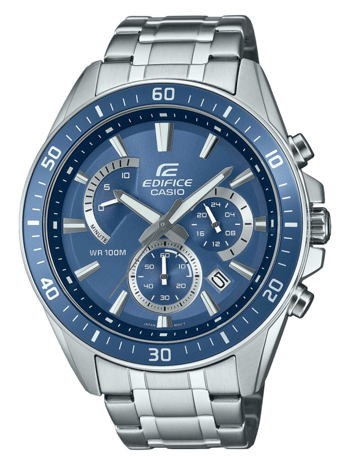 Casio Edifice ur med blå urskive, stålrem, subdials og datovisning.