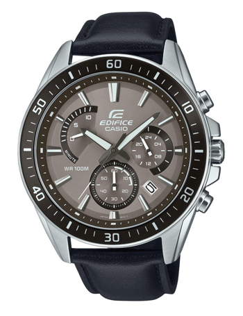 Casio Edifice ur med mørk skive, læderrem, kronograf subdials og robust design.