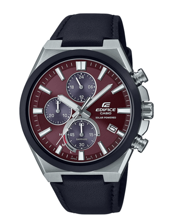 Ur med mørkerød urskive, tre små skiver og mørk læderrem. Casio Edifice logo og solenergi.