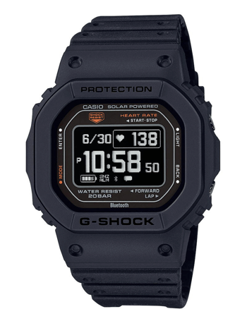 Casio G-Shock ur med digital display, sort rem, solcelle, vandtæt 20 bar, viser puls og tid.