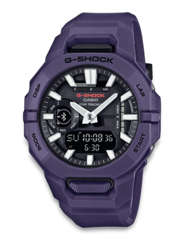 Casio G-Shock ur i lilla med analoge og digitale displays, Bluetooth og trinmåler.