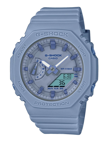 Blå Casio G-Shock ur med analog og digital display, vandtæt, knapper til justering, lys og start.