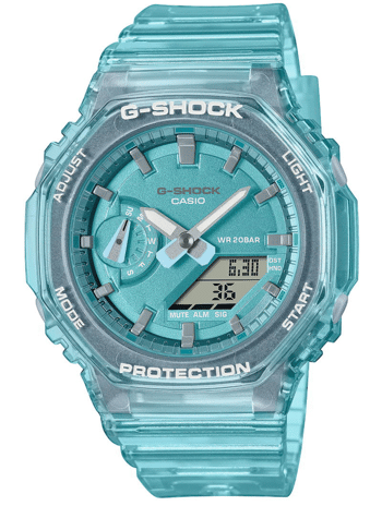 Blå Casio G-Shock ur med analog og digital display, WR 20BAR, multifunktionsknapper.