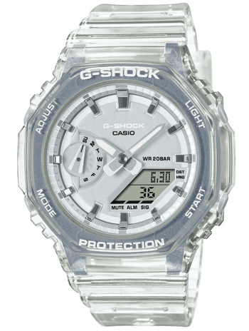 Casio G-Shock ur med gennemsigtig rem, analog og digital display, samt knapper på rammen.