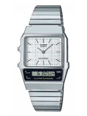 Casio ur med rektangulært design, analog og digital skive, metal lænke.