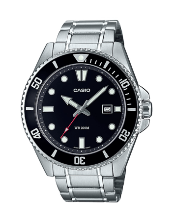 Casio ur med metalrem, sort urskive, minutbezel og datovisning kl. 3. Vandtæt til 200M.