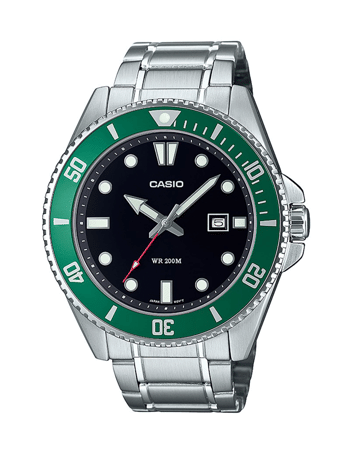 Casio ur med stålrem, sort urskive, grøn bezel og datovisning kl. 3.