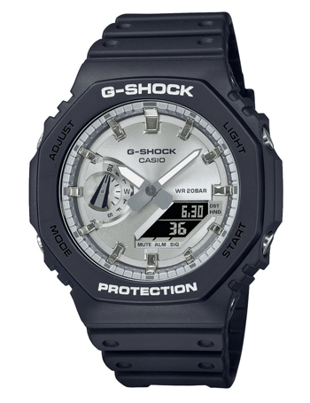 Sort Casio G-Shock ur med rund skive, analog/digital display, knapper og 200m vandtæthed.