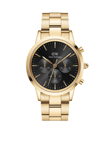 Daniel Wellington herreur med sort urskive, gulddetaljer og lænke. Tre kronograf-subskiver.