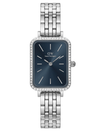 Rektangulær ur med mørk skive, metalrem og stenbesat kant, Daniel Wellington Quadro.