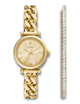 Fossil Carlie Quartz ur med guldtonet kædearmbånd og urskive med romertal.
