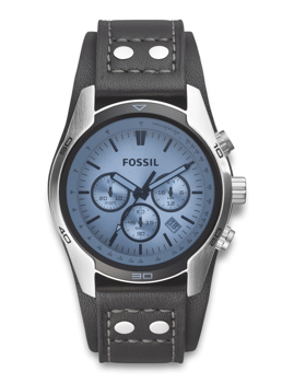 Fossil ur med sølv urkasse, tre chronograph underdials og læderrem med synlige syninger.
