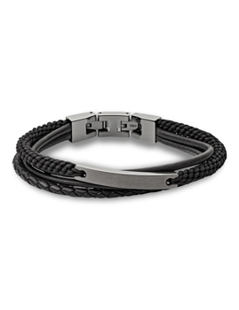 Armbånd med sorte flettede og flade læderdele, metalspænde, elegant og stilfuldt design.