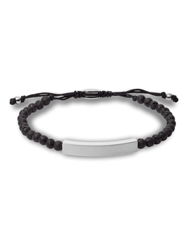 Stilrent armbånd med sorte perler, rektangulær metalplade og justerbar snor.