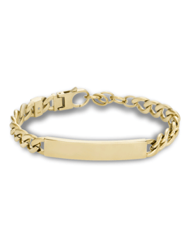Fossil Drew armbånd i gylden farve med kæde-design og glat plade, indgraveret med "JKL".