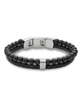 Armbånd af sorte perler og flettet læder med metalspænde, elegant og moderne design.