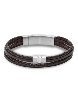 Fossil armbånd med flettet læder og metaldetaljer, dobbeltlags design for stilfuldt look.