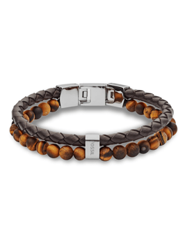 Armbånd med flettet læder, runde brune perler og metalspænde med "Fossil"-indgravering.