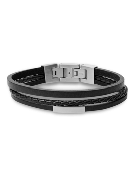 Sort læderarmbånd med flettet og fladt design, metalspænde og "FOSSIL" branding.