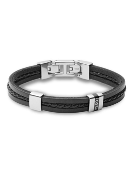 Fossil armbånd med dobbelt bånd, flettet sektion, metal detaljer og "Fossil" logo.
