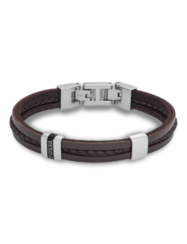 Flettet brunt læderarmbånd med metalspænder og "FOSSIL" logo. Moderne og stilfuldt design.