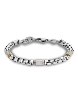 Fossil armbånd med sølv- og guldfarvede led, skiftende teksturer, og sikker klipsmekanisme.