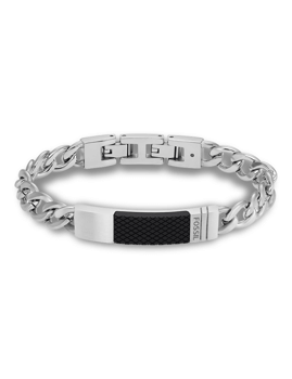 Armbånd med blanke sølv links og sort tekstureret sektion, "FOSSIL" indgraveret.