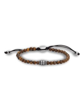 Fossil armbånd med brune perler, central dekorativ del og justerbar lukning, elegant design.