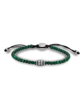 Armbånd med grønne perler, metal element i midten og justerbar lukning.